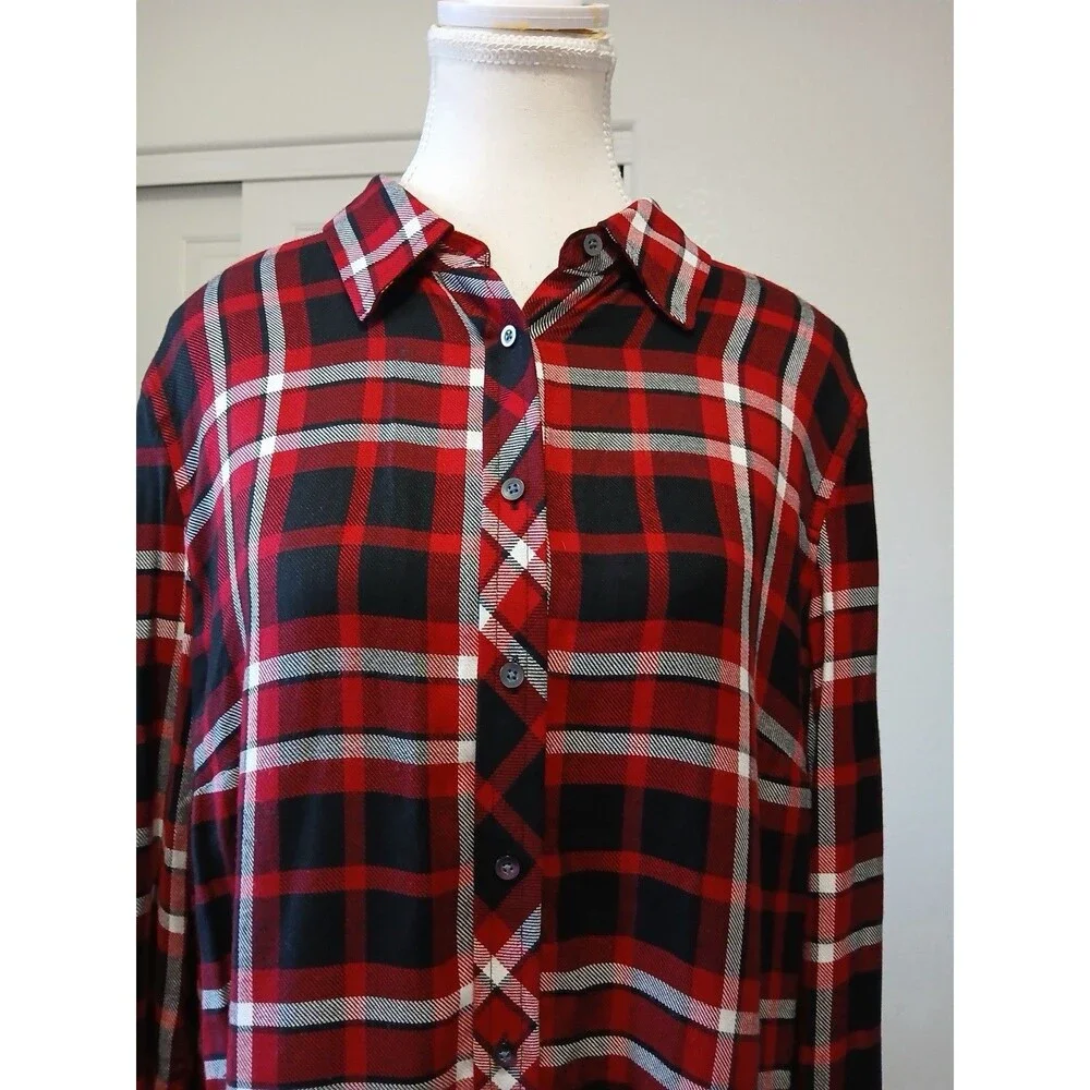 Talbots Women's L Red Plaid Polka Dot Long Roll Tab Sleeve Button Down Shirt Top